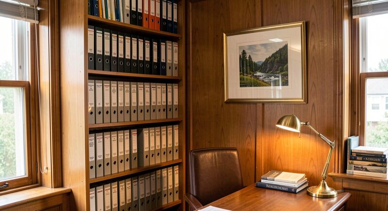A wood-paneled office corner with a bookshelf of uniform binders, a brass desk lamp and a framed landscape photograph on the wall, window light