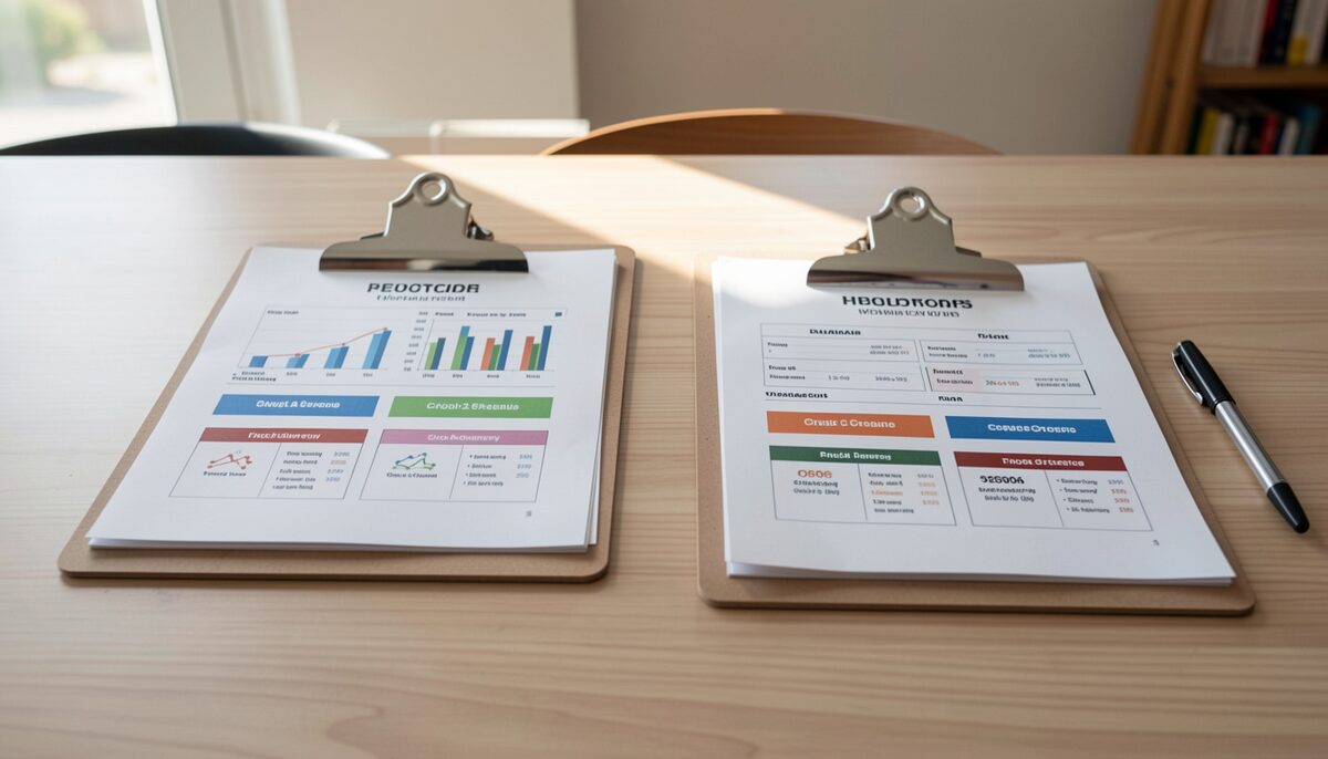 Two clipboards side by side on a table with printed comparison charts and a pen, in a well-lit room.