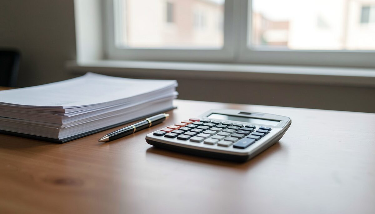 A calculator, a stack of papers, and a pen on a desk, with a blurred window in the background.