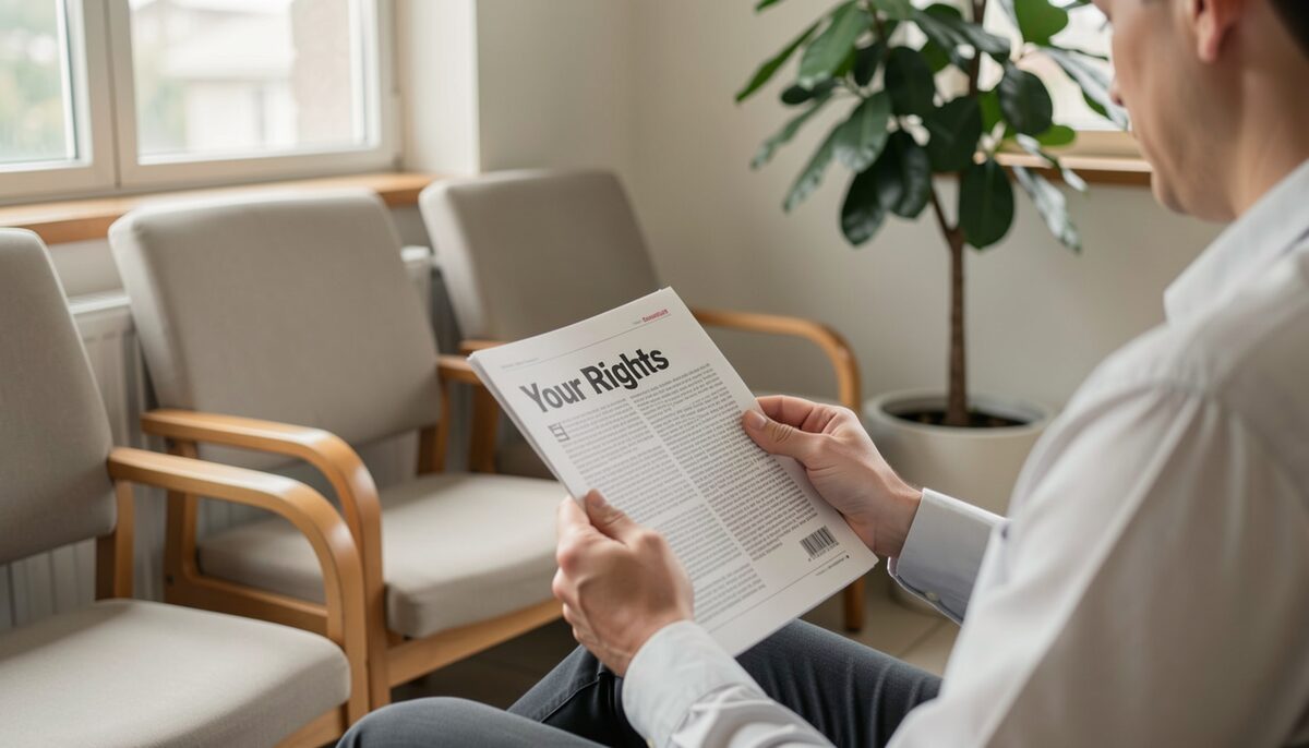 A person reading a pamphlet titled 'Your Rights' in a waiting area with chairs and a plant.