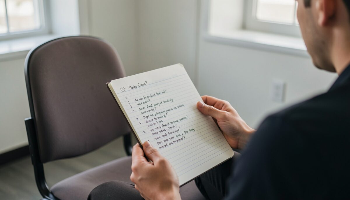 A person holding a notebook with a list of questions, sitting across from an empty chair in a simple office.