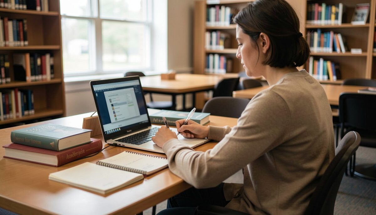A person sitting at a library table with a laptop, books, and a notepad, taking notes.