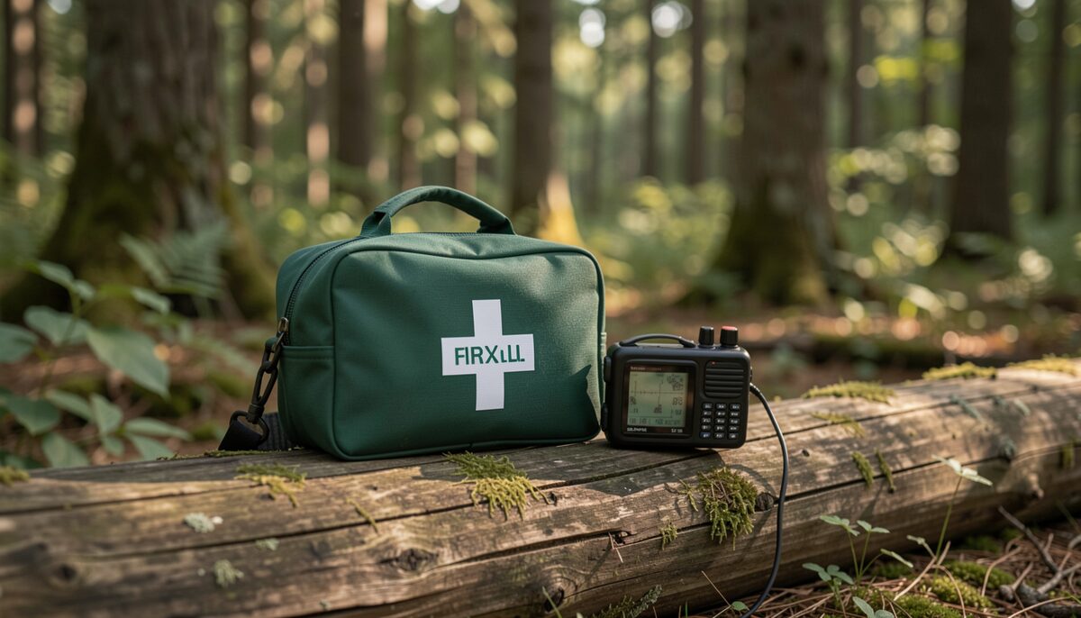 A first aid kit and a two-way radio resting on a log in a forest clearing.