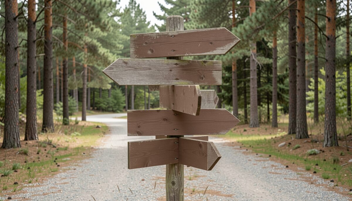 A trailhead signpost with multiple arrows pointing in different directions, surrounded by pine trees and a gravel path.